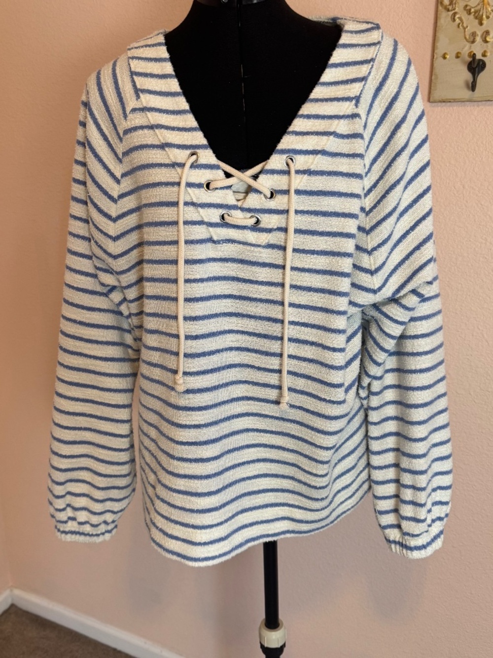 Nautical Coastal Blue White Stripe Terry Cloth Relaxed Fit Lace Up Sweater Med